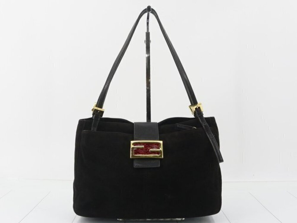 Fendi Mamma Baguette Suede Handbag Hobo Bag Black Gold Glitter Red